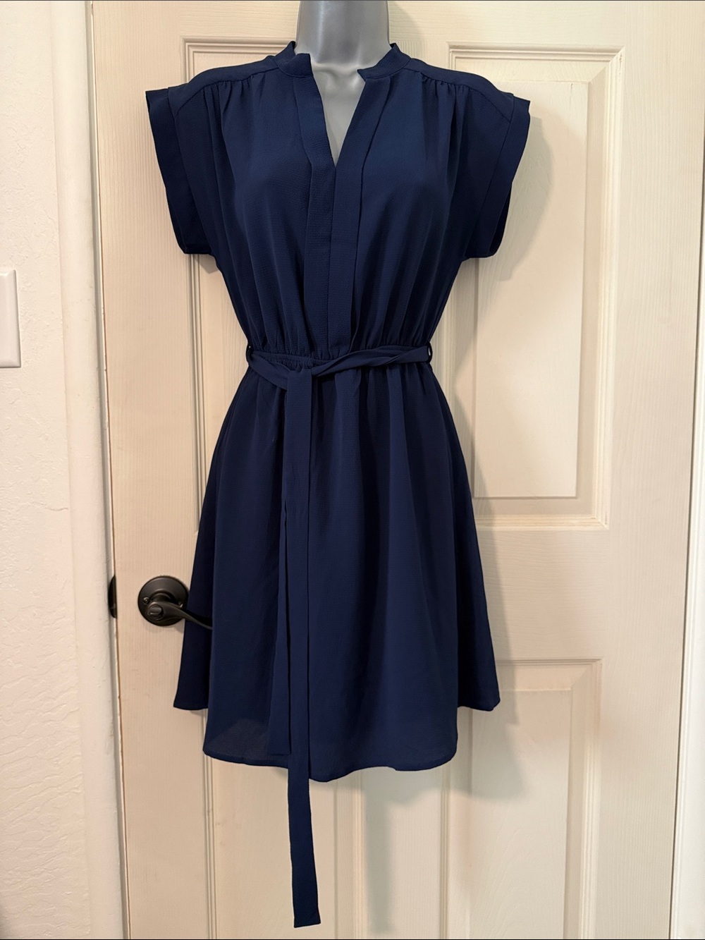Monteau Navy Short Sleeve V-Neck Belted Mini Dress